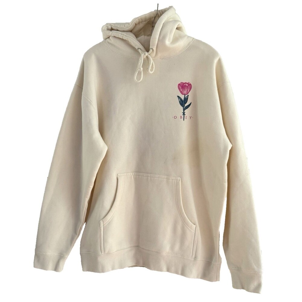Obey Barbwire Flower Premium Pullover Hoodie Men's Unbleached Ivory L Eco